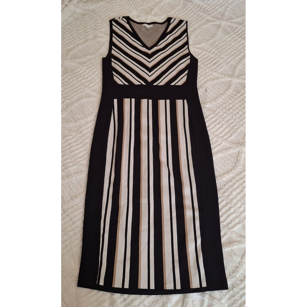 New York & Company Womens Large Sweater Dress Black White Striped Chevron Midi - Picture 1 of 9
